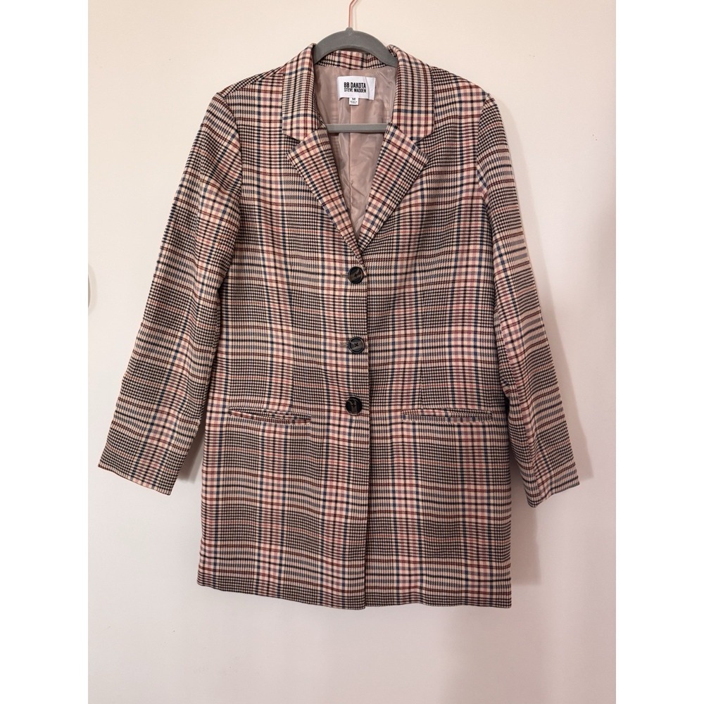 BB Dakota Plaid Blazer Womens M Pink Preppy Academia Old Money Longline Jacket